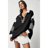 Black Striped Colorblock Patchwork Collar Sweatshirt - L thumbnail