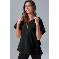 Black Half Zipper Kangaroo Pocket Short Sleeve Hoodie - L thumbnail