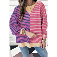 Pink Stripe Casual Stripe Colorblock Drop Shoulder Oversize Sweatshirt - 2XL thumbnail