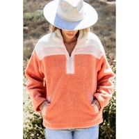 Orange Colorblock Half Zipper Stand Neck Sherpa Sweatshirt - XL thumbnail