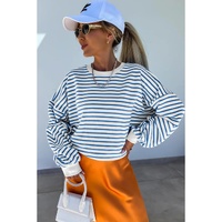 Blue Stripe Drop Shoulder Crew Neck Loose Sweatshirt - L thumbnail
