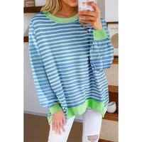 Sky Blue Stripe Contrast Trim High Low Pullover Tunic Sweatshirt - L thumbnail