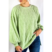 Light Green Solid Color Textured Side Split Crew Neck Blouse - L thumbnail