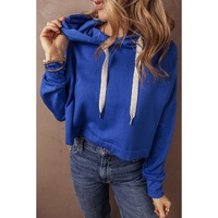 Dark Blue Solid Drop Shoulder Drawstring Cropped Hoodie - XL thumbnail