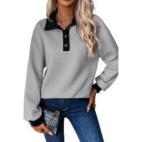 Light Grey Textured Colorblock Edge Buttoned Collar Sweatshirt - L thumbnail
