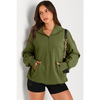 Moss Green Solid Kangaroo Pocket Half Zipper Oversized Hoodie - 2XL thumbnail