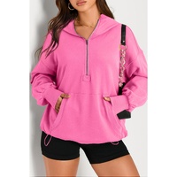 Bonbon Solid Kangaroo Pocket Half Zipper Oversized Hoodie - L thumbnail