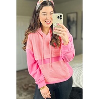 Pink Textured Color Block Kangaroo Pocket Drop Shoulder Hoodie - M thumbnail