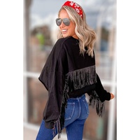 Black GAME DAY Rugby Sequined Tasseled Cropped Sweatshirt - S thumbnail