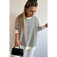 Black Stripe Raglan Sleeve Side Slits Loose Sweatshirt - L thumbnail