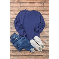 Navy Blue Plain Drop Shoulder Crewneck Pullover Sweatshirt - L thumbnail