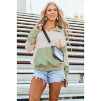 Laurel Green Colorblock Patchwork Buttoned Collar Kangaroo Pocket Sweatshirt - L thumbnail