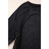 Black Solid Waffle Knit Patchwork Raglan Sleeve Sweatshirt - M thumbnail