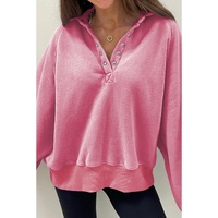 Pink Solid Snap Buttons Collared Balloon Sleeve Oversized Sweatshirt - L thumbnail