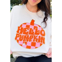 White Terry Halloween Pumpkin Patched Pattern Pullover Sweatshirt - L thumbnail