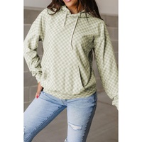 Green Checkered Print Kangaroo Pocket Drawstring Hoodie - L thumbnail