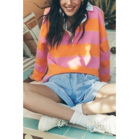 Yellow Stripe Color Block Polo Collar Sweatshirt - L thumbnail