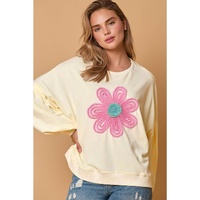 Beige Tinsel Flower Dropped Puff Sleeve Sweatshirt - XL thumbnail