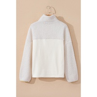 Beige Fleece Colorblock Trim Buttons Collar Sweatshirt with Pocket - M thumbnail