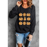 Black Floral Pumpkin Graphic Round Neck Halloween Sweatshirt - L thumbnail