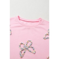 Light Pink Embroidered Bow Lantern Sleeve Oversized Pullover Sweatshirt - 2XL thumbnail