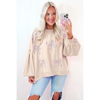 Parchment Embroidered Bow Lantern Sleeve Oversized Pullover Sweatshirt - L thumbnail