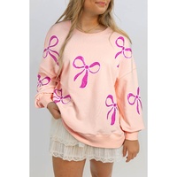 Apricot Pink Sequined Bowknot Drop Shoulder Oversized Sweatshirt - L thumbnail