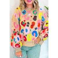 Khaki Multicolor Leopard Printed Drop Shoulder Pullover Sweatshirt - S thumbnail
