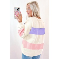 Beige Colorblock Patchwork Drop Shoulder Crewneck Sweatshirt - L thumbnail