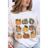 Beige Thanksgiving Pumpkin Print Drop Shoulder Sweatshirt - S thumbnail
