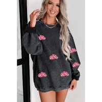 Black Glittering Cowboy Hat Patched Corded Pullover Sweatshirt - L thumbnail