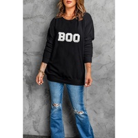 Black Chenille BOO Patched Pattern Crewneck Halloween Sweatshirt - L thumbnail