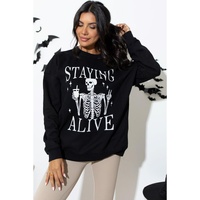 Black STAYING ALIVE Skull Graphic Crewneck Halloween Sweatshirt - S thumbnail