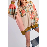 Multicolour Waffle Knit Plaid Patchwork Side Slits Loose Sweatshirt - M thumbnail