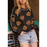 Black Sequin Pumpkin Face Graphic Exposed Seam Halloween Sweatshirt - L thumbnail