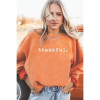 Orange Thankful Ribbed Crew Neck Thanksgiving Sweatshirt - L thumbnail