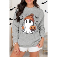 Gray Halloween Ghost Print Crewneck Drop Shoulder Sweatshirt - L thumbnail