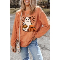 Orange Halloween Ghost Pumpkin Bat Print Corded Pullover Sweatshirt - L thumbnail