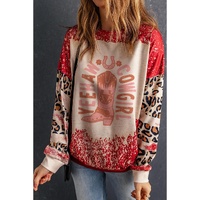 Red YEEHAW COWGIRL Graphic Bleached Scatter Leopard Sleeve Sweatshirt - L thumbnail