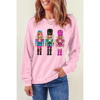 Pink Cute Nutcracker Printed Drop Shoulder Christmas Sweatshirt - S thumbnail