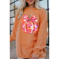 Orange Bow Pumpkin Graphic Crewneck Corded Thanksgiving Sweatshirt - L thumbnail