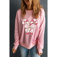 Pink Christmas Bow Candy Cane Graphic Drop Shoulder Crew Neck Sweatshirt - L thumbnail