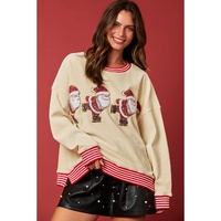 Beige Santa Skiing Graphic Striped Trim Corded Sweatshirt - L thumbnail