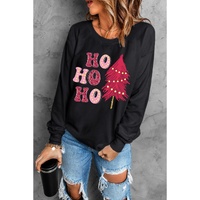 Black HO HO HO Christmas Tree Graphic Pullover Sweatshirt - S thumbnail