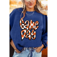Dark Blue Chenille Checkered Game Day Graphic Drop Shoulder Corded Sweatshirt - XL thumbnail