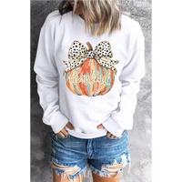 Beige Polka Dot Bow Knot Pumpkin Print Thanksgiving Sweatshirt - L thumbnail