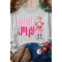 Gray HOLLY JOLLY Nutcracker Print Crew Neck Christmas Sweatshirt - S thumbnail
