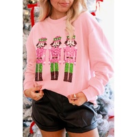 Pink Christmas Nutcracker Patched Pattern Drop Shoulder Sweatshirt - XL thumbnail