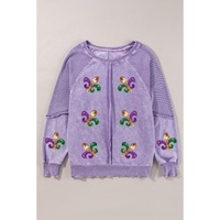Orchid Petal Mardi Gras Patched Pattern Waffle Patchwork Sweatshirt - L thumbnail