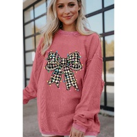 Strawberry Pink Checkered Bow Print Ribbed Crew Neck Pullover Sweatshirt - L thumbnail